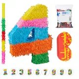 Relaxdays 4 TLG. Pinata Set Geburtstag Zahl 4, XXL Konfetti Sack, Pinatastab mit Augenmaske, Geburtstagspinata, Stock & Maske, bunt