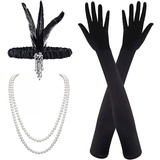 MIVAIUN 3 Stück 1920s Kostüm Damen Flapper Accessoires Set 20er Jahre Accessoires, 1920er Flapper Great Gatsby Accessoires Set,Stirnband Halskette Handschuhe,Fashion Roaring 20er Themenset