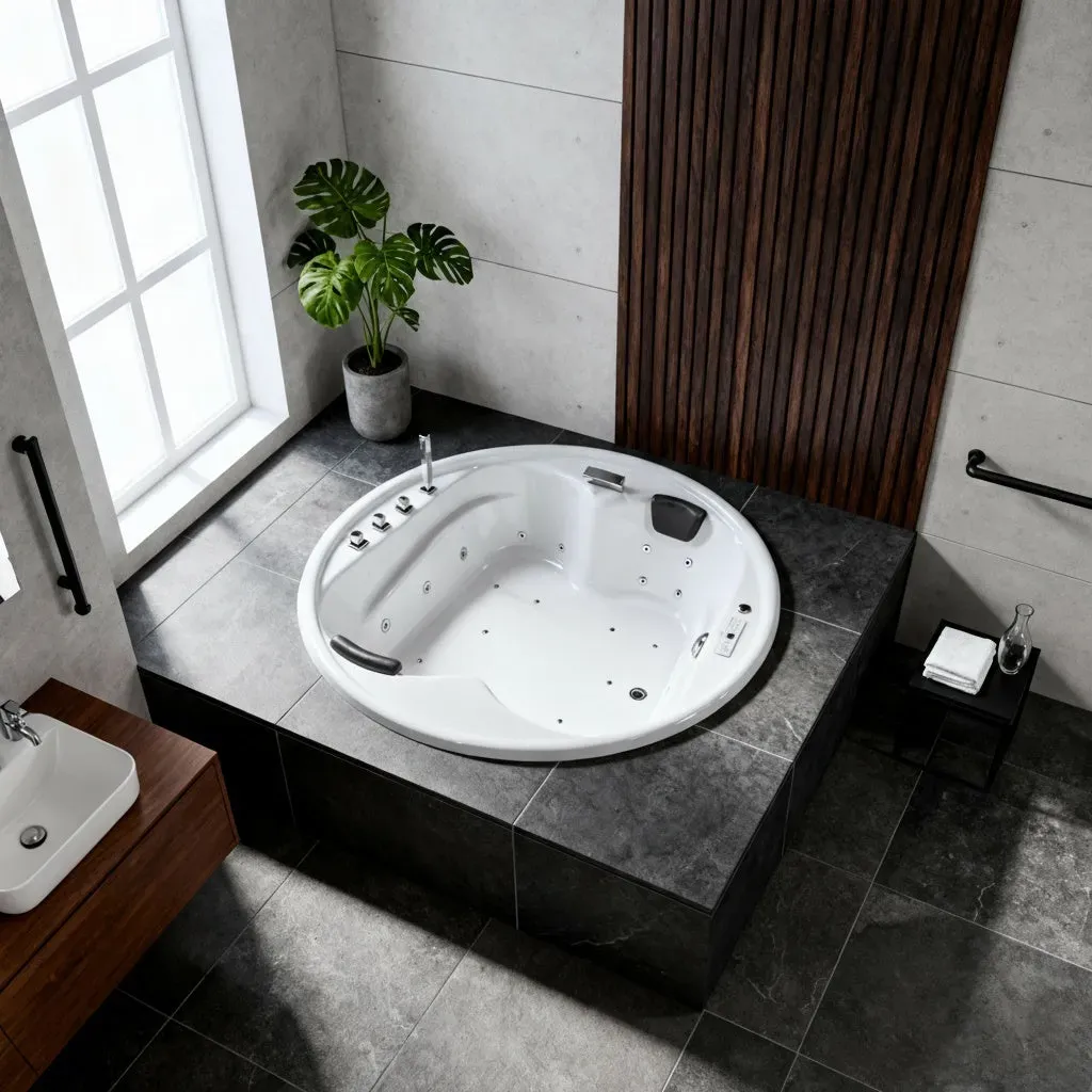 Indoor Whirlpool Badewanne 182x182 Rund cm, 28 Massagedüsen LED, rund oder eckig, Einbau, 2 Personen, Caribia VIDAL XXL Premium, Made in Germany