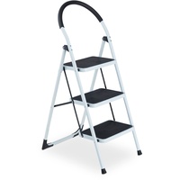 Relaxdays Trittleiter, klappbare Haushaltsleiter, 3 Stufen, bis 150 kg, Stufenleiter mit Haltegriff, Stahl, weiß/schwarz