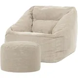 I.C.O.N. Icon Sitzsack Sessel mit Hocker für Erwachsene, Beige, Flauschiger Cord Stoff, Riesen Sitzsack Cord mit Füllung, Bean Bag Chair, Bequemer Sessel Wohnzimmer, Lounge, Schlafzimmer, Büro