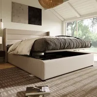 ULIFE Hydraulisches Polster-Doppelbett, massivholz, Leinen, Beige, 180x200 cm -