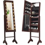 Costway - 18 Led-schmuckschrank Neigungsverstellbar, Schmuckregal Mit Ganzkoerperspiegel Und Kleinem Schminkspiegel, Schmuck Spiegelschrank Für Makeup Braun