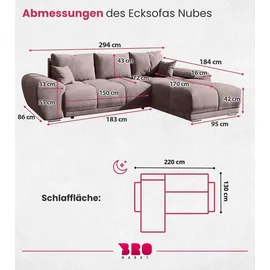 bromarkt Ecksofa NUBES Schlaffunktion Bettkasten L-Form 298x184x85cm Rosa - Rosa