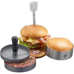 Burgerpresse GEFU "BBQ", silber, B:3,3cm L:19cm T:0,2cm, Aluminium, Edelstahl, Kunststoff, Küchenpressen, hochwertiges Edelstahl-Set für perfekte Burger, einfach zu handhaben.