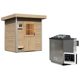 Woodfeeling Karibu Gartensauna Pultdach Saunahaus Jorgen-9 kW Bio-Kombiofen inkl. Steuergerät-Klassische Saunatür (Klarglas) inkl. 8-teiligem gratis Zubehörpaket (Gesamtwert 191,92€)