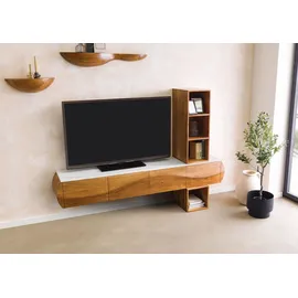MASSIVMOEBEL24.DE Wohnwand Akazie 204x40x145 natur lackiert / Marmor weiß MONTREAL #141