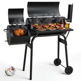 TLSUNNY Holzkohle Smoker Grill mit Schornstein, Holzkohlegrill Grillwagen mit 2 Kammern, Thermometer, Grillablage, 2 Rädern, Räucherofen und Grillfunktion, Smoker Räucherofen für Grillpartys