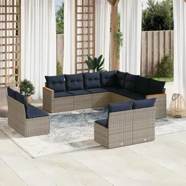 vidaXL 11-teiliges Gartensofa-Set mit Kissen, grau, Polyrattan - Grau