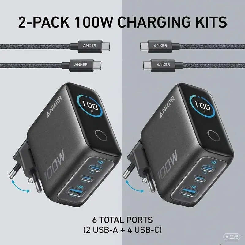 2er-Pack Anker Ladegerät (100 W, 3 Anschlüsse, intelligentes Display) mit Touch-Steuerung, für MacBook, iPad, iPhone 17/16/15 Serie (USB-C-Kabel enthalten)