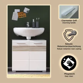 WELLTIME Waschbeckenunterschrank "Marbella", weiß hochglanz, eichefarben sägerau hell, weiß matt, B:60cm H:56cm T:34cm, Schränke, Waschbeckenunterschrank, zur Wandmontage - (B/T/H) 60/34/56 cm
