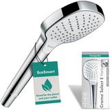 Hansgrohe Croma Select E - wassersparender Duschkopf 9 l/min (EcoSmart), Handbrause mit 3 Strahlarten, eckige Duschbrause (110 x 110 mm), Sparduschkopf mit Antikalk-Funktion, Weiß/Chrom