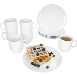 12tlg Frühstücksset Tommy weiß Porzellan 6 Personen Teller Becher stapelbar