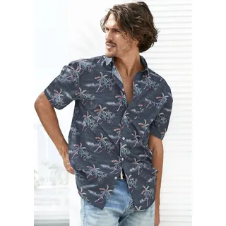 Hawaiihemd BEACHTIME "- sommerliches Hemd mit tollem Palmen Druck", Herren, Gr. M (39/40), N-Gr, blau (navy, bedruckt), Web, Obermaterial: 100% Baumwolle, gemustert, regular fit, ohne Ausschnitt, abgesteppte Kante, Hemden Hawaiihemd, Kurzarm, Freizeithemd mit Palmenprint, reine Baumwolle