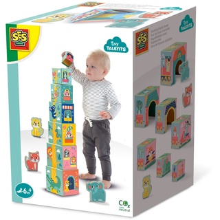 SES Creative 13142 Stapelwürfel Set mit Tierfiguren, Farbenfrohes Lernspielzeug für Babys