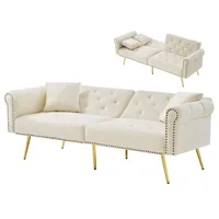 SeedWave Schlafsofa 2 Sitzer Bettsofa, Samtstoff, Individuell Verstellbare Rückenlehnen, Klappsofa inkl. 2 Zierkissen, Schwammfüllung, 6 Metallfüße beige
