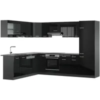 Vicco Eckküche, Schwarz Hochglanz, Anthrazit, Holzwerkstoff, L-Form,Formgebogen, 287x81.6x60 cm, Küchen, Eckküchen, Eckküchen ohne Geräte