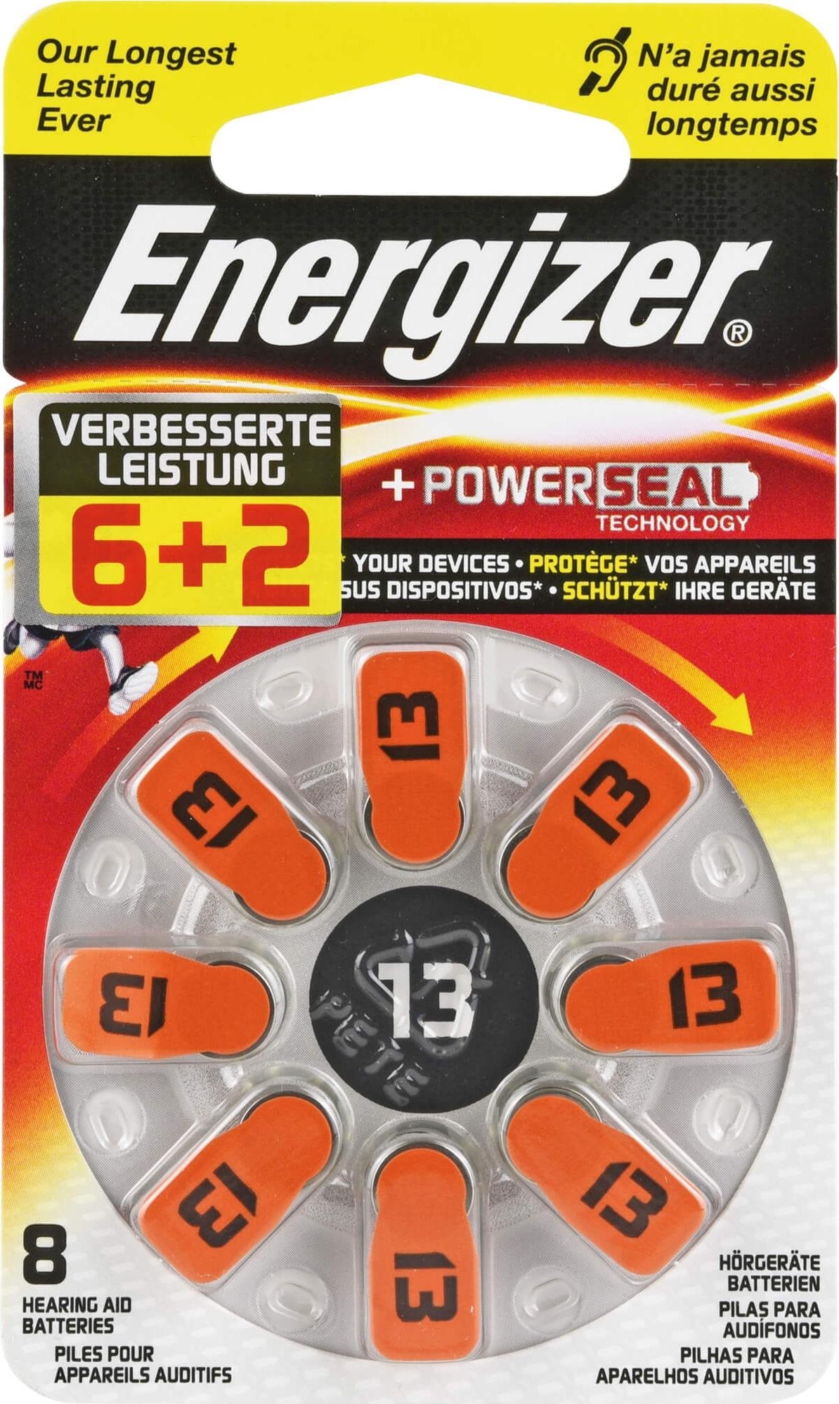 Energizer Hörgeräte Batterie (Typ 13, 1.4V) (8 Stk., Gerätespezifisch, 280 mAh), Batterien + Akkus