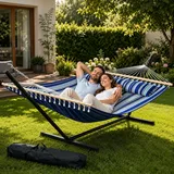 GarveeMore Doppelhängematte mit Gestell, XXL Hängematte Outdoor für 2 Personen, Liegefläche 210 × 150 cm, bis 215 kg belastbar, Gepolsterte Hängematte mit Kissen, Stahlgestell, Tragetasche, Blau
