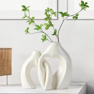 Design Keramik Vase, 2er Set beige Deko Vase für Pampasgras, Vasen Mit herzförmige Loch Nordic Ring Form Moderne Wohnkultur