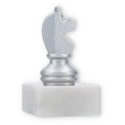 Pokal Metallfigur Schach Springer silbermetallic auf weißem Marmorsockel 11,0cm