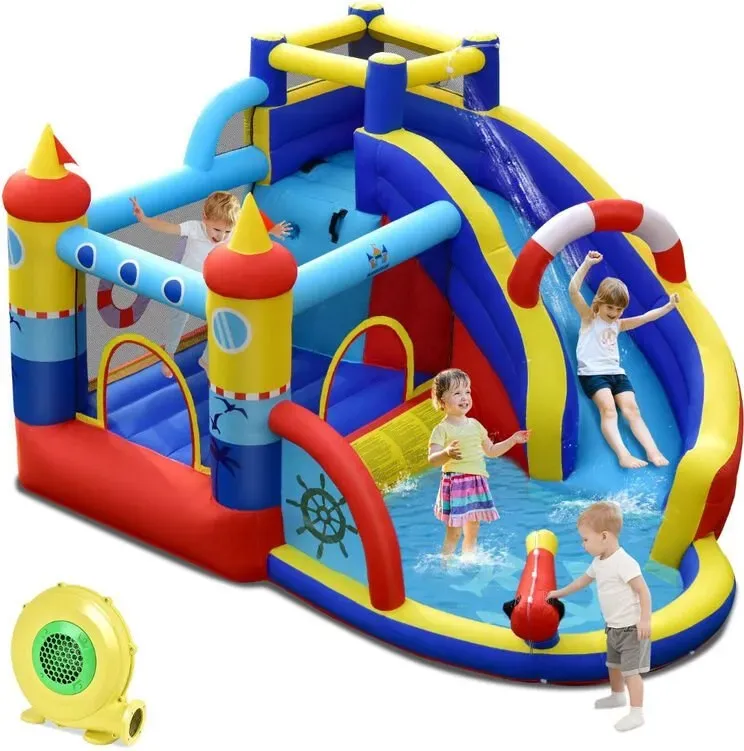 Inflatable Bouncy Castle mit 550-W-Lüfter, 6-in-1 Wasserparcours, inklusive Rutsche, Planschbecken und Wasserpistole