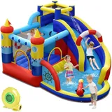 Costway aufblasbare Hüpfburg mit Gebläse mit 550 W, 6-in-1-Wasserpark, inklusive Rutsche, Wasserbecken und Wasserkanone