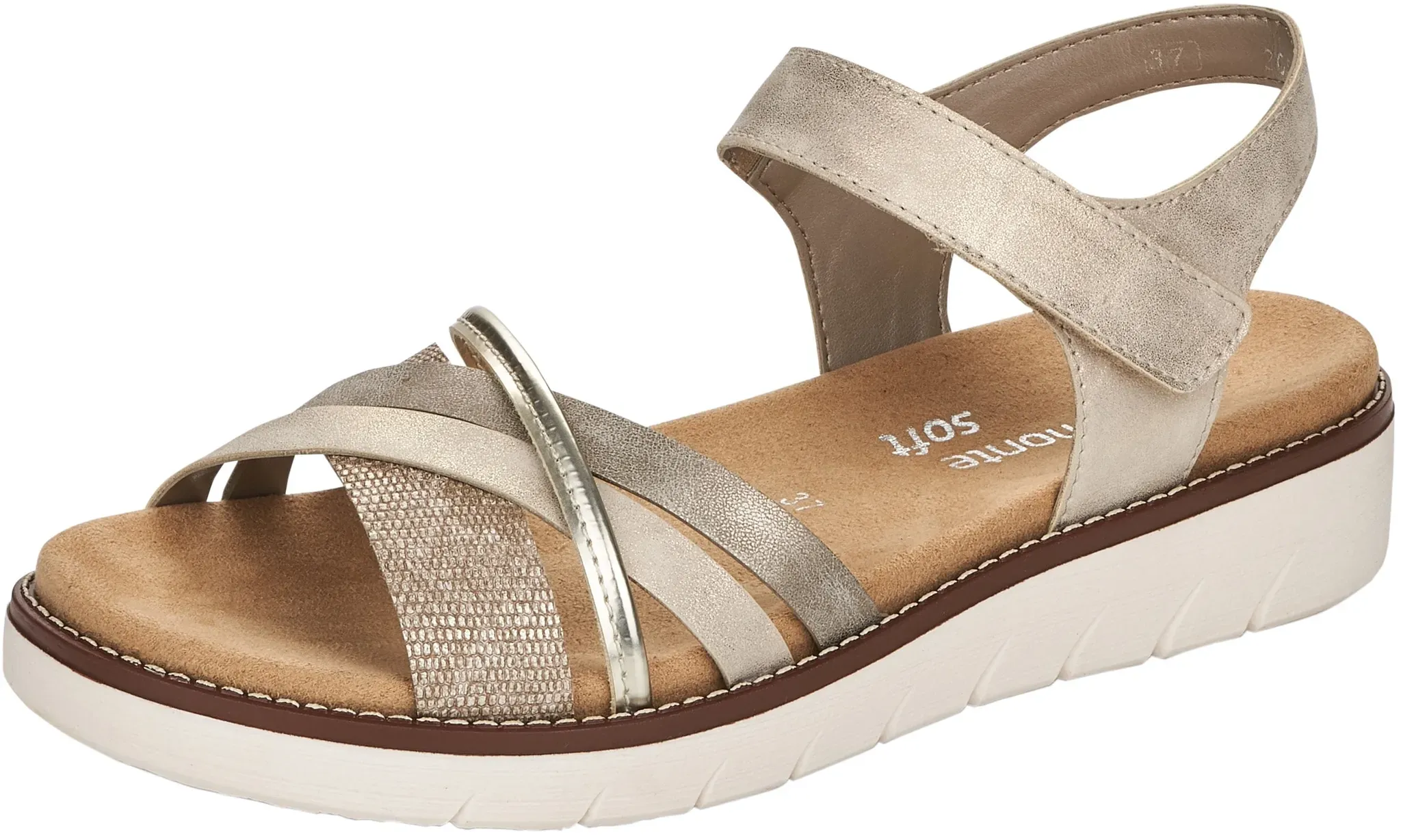 Riemchensandale REMONTE, Damen, Gr. 45, gold (hellgrau, goldfarben), Lederimitat, metallic, Schuhe Riemchensandale, Keilabsatz, Sommerschuh, Sandalette mit herausnehmbarer Softeinlage, Topseller