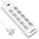 Steckdosenleiste mit 4 USB, Mehrfachsteckdose mit 2 USB C, Verteilersteckdose Wandmontage, Steckerleiste mit Schalter, 10 Fach Power Strip, Mehrfachsteckdosen mit 2M Kabel - Weiß