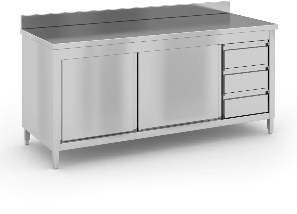 Edelstahl Tisch mit Schrank und Schubladen, 1800 x 700 x 850 mm