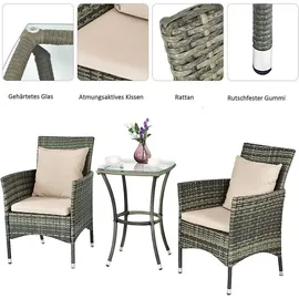 Costway 3 tlg. Polyrattan Gartenmöbel mit Glastisch & Kissen, Sitzgruppe Balkon-Set Gartengarnitur