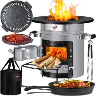 Kesser KESSER® Raketenofen Inkl. Grillpfanne aus Gusseisen mit Tragetasche Dutch Oven BBQ Rakete Holzofen Camping Campingkocher Campinggrill, Edelstahl
