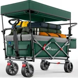 TRESKO® Bollerwagen Faltbar mit Dach Grün, Kühlfach & Seitenrollos | Handwagen max. belastbar bis 150kg | Transportwagen mit Vollgummireifen & F... - Grün