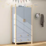 Kleiderschrank mit 2 Türen & 2 Schubladen, 90x181x45 cm, Blau/Kiefer-Optik, Kleiderschrank mit Kleiderstange, Modern für Schlafzimmer & Flur - Blau