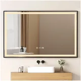 EMKE Badspiegel mit Beleuchtung 120x70cm Schwarzer Rand LED Badezimmerspiegel mit Touch, Antibeschlage, Uhr, Temperatur, Dimmbar, Memory-Funktion, Neutrale Beleuchtung Wandspiegel IP44
