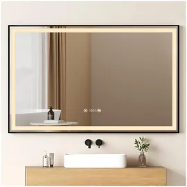 EMKE Badspiegel mit Beleuchtung 120x70cm Schwarzer Rand LED Badezimmerspiegel mit Touch, Antibeschlage, Uhr, Temperatur, Dimmbar, Memory-Funktion, Neutrale Beleuchtung Wandspiegel IP44