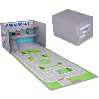 Edsnor Spielzeug Garage für Autos - 3 in1 Box für Spielzeugautos, Auto Parkhaus Kinder und Spielteppich (Nicht enthalten Autos)