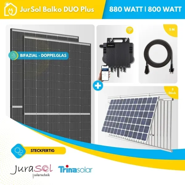 Balkonkraftwerk für Balkongeländer Growatt - 880 Watt 800 Watt - Bifazial Doppelglas -  JurSol BALKO PLUS