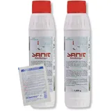 DEWEPRO-Set: SANIT RohrReiniger (3061) - 2 Flaschen à 1000g - Granulat-Rohrreiniger zur selbsttätigen Beseitigung von Verstopfungen in Rohren und Siphons, inkl. 1 St. DEWEPRO® Single Scrubs
