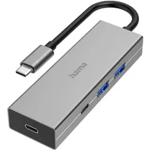 Hama USB-C Hub 4 Ports (2X USB-C, 2X USB-A, USB-C Docking Station Power Delivery, USB A Hub, USB Hub 3.2 Ladefunktion, Multiport 5Gbit/s, Thunderbolt 4 Hub, für MacBook, Laptop, PD Netzteil etc) grau
