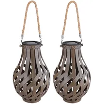 GLOBO Gartendeko Laterne Solar Windlicht mit Bambusgeflecht zum Aufhängen oder Hinstellen, LED Solarleuchte, Bambus, Braun, Schalter, H 27 cm, Garten Terrasse, 2er Set