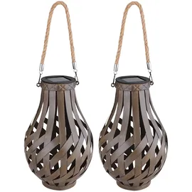 GLOBO Gartendeko Laterne Solar Windlicht mit Bambusgeflecht zum Aufhängen oder Hinstellen, LED Solarleuchte, Bambus, Braun, Schalter, H 27 cm, Garten Terrasse, 2er Set