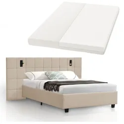 Juskys Polsterbett 140x200 cm Luzano - Bett mit LED, Matratze & Lattenrost - Bettgestell Samt Beige