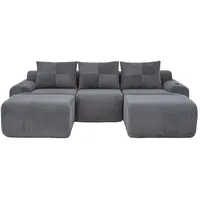 OKWISH Kombinationssofa aus Cord Dunkelgrau 268x174x66 cm, modular mit 2 Hockern, Cupholder und Seitentasche