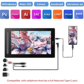 xppen Artist 16 (Gen2), Kabelgebunden, 5080 lpi, 340,99 x 191,81 mm, USB, 1 cm, 0,6 mm