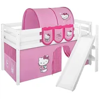 Spielbett JELLE 90 x 190 cm Hello Kitty Rosa - Hochbett LILOKIDS - Weiß - mit schräger Rutsche und Vorhang - Weiß/Rosa