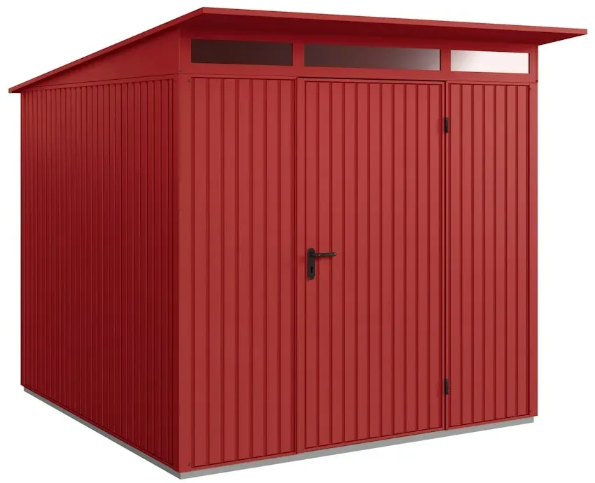 Hörmann Metall-Gerätehaus Berry mit Pultdach B 238 x T 238 cm (Typ 2), Motiv Classic (mit schmalen Lamellen), Einzeltür Türanschlag rechts, Purpurrot (RAL 3004)