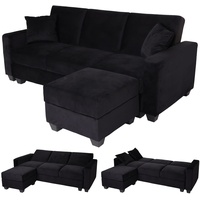 MCW Sofa MCW-H47 mit Ottomane, Couch Sofa Gästebett, Schlaffunktion Stauraum 217x145cm ~ Samt schwarz