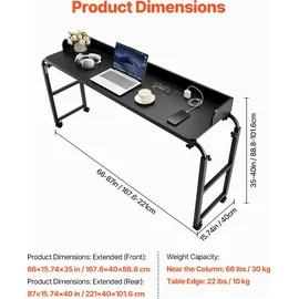 Vevor Überbetttisch mobiler Betttisch mit 4 Rollen und Steckdose, höhenverstellbarer Laptop-Rolltisch, Tragbarer Spanplatten-Überbetttisch - Schwarz