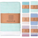 MOMOMUS Fouta XXL oder Picknickdecke XXL für den Strand - Mit Fransen, Gestreift und Leicht - Große Stranddecke, Sandfreie Strandmatte und Faltbare Campingdecke - Türkis, 210x240 cm